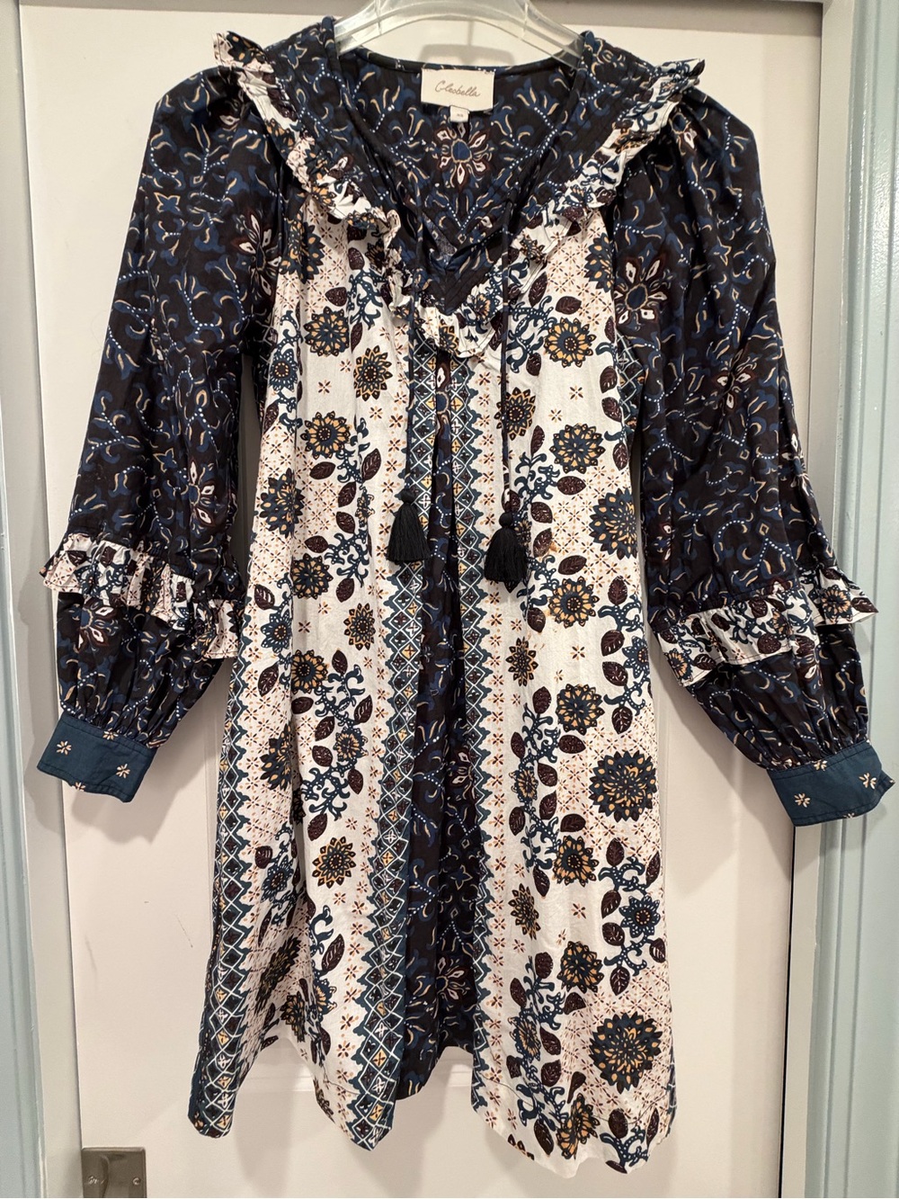 Cleobella Navy, White & Mustard Floral Long Sleeve Ruffle Dress